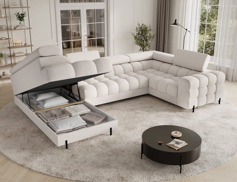 Fectory 6-seters Bubblig hjørnesovesofa med sjeselong og oppbevaring Venstre - Baffix 20 - Møbler - Sofaer - Sovesofaer - Hjørnesovesofa