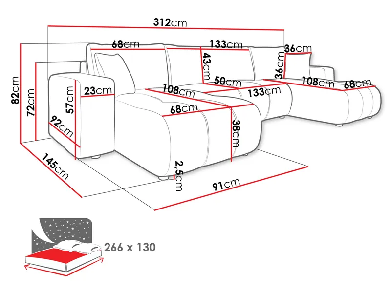 Flo Sovesofa med dobbel sjeselong 4-seter - Hvit - Møbler - Sofaer - Sovesofaer - U sovesofa