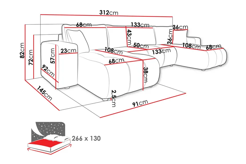 Flo Sovesofa med Dobbel Sjeselong 4-seter i Plysj - Hvit - Møbler - Sofaer - Sovesofaer - U sovesofa