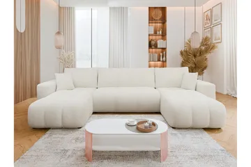 Flo Sovesofa med Dobbel Sjeselong 4-seter i Plysj - Hvit - Møbler - Sofaer - Sovesofaer - U sovesofa