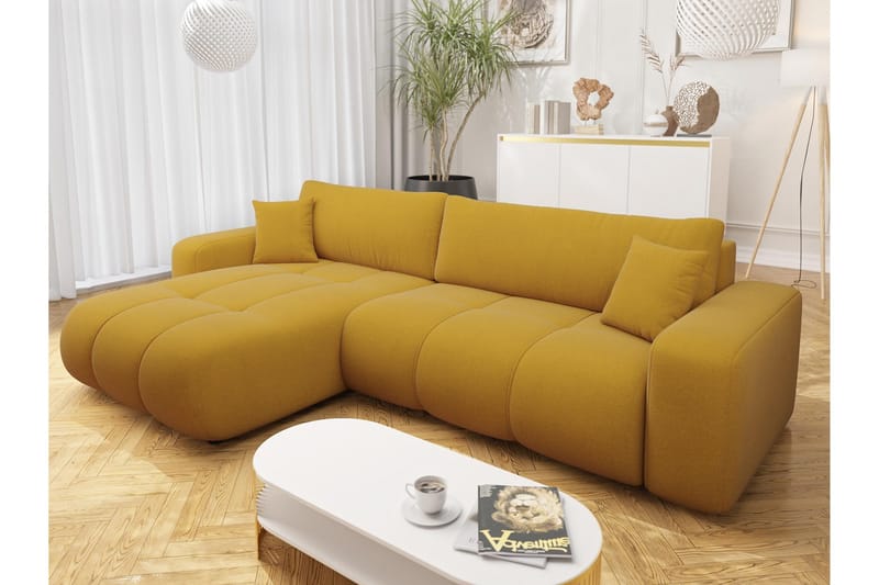 Flo Sovesofa med Sjeselong 3-seter i Plysj - Gul - Møbler - Sofaer - Sovesofaer - Sovesofa divan