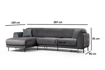 Gajanejos 3-seter Venstre L-formet Sovesofa med Sjeselong i Fløyel - Antrasitt - Møbler - Sofaer - Sovesofaer - Langsgående sovesofa