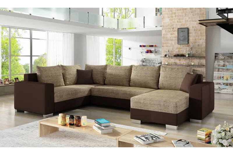 Gallicanta 4-seter Høyre U-formet Hjørnesovesofa i Stoff og Lær, Beige|Brun