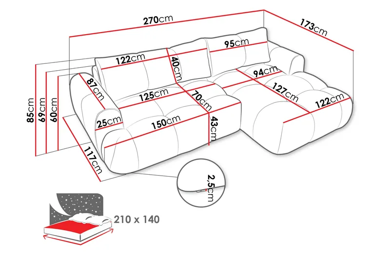 Handu Sovesofa med Sjeselong 3-seter i Bouclé - Grå - Møbler - Sofaer - Sovesofaer - Sovesofa divan