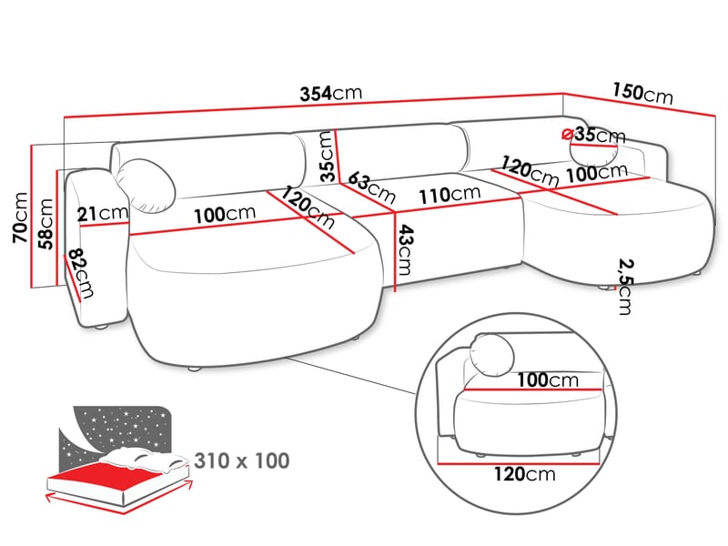 Hanish Sovesofa med dobbel sjeselong 5-seter - Beige - Møbler - Sofaer - Sovesofaer - U sovesofa