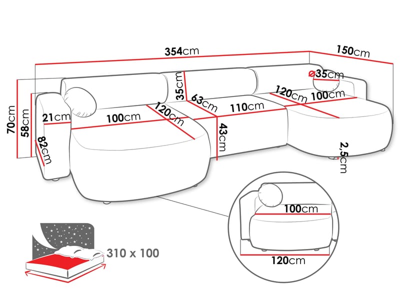 Hanish Sovesofa med dobbel sjeselong 5-seter - Grå - Møbler - Sofaer - Sovesofaer - U sovesofa