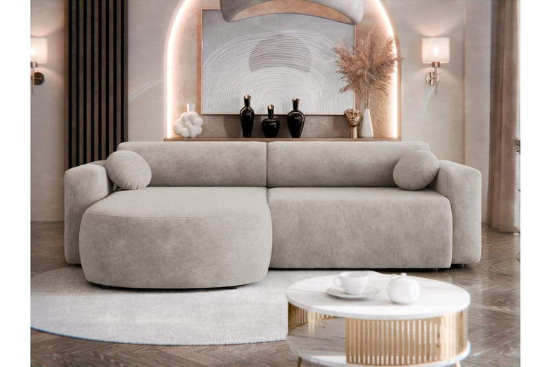 Hanish Sovesofa med Sjeselong 3-seter i Plysj - Beige - Møbler - Sofaer - Sovesofaer - Sovesofa divan
