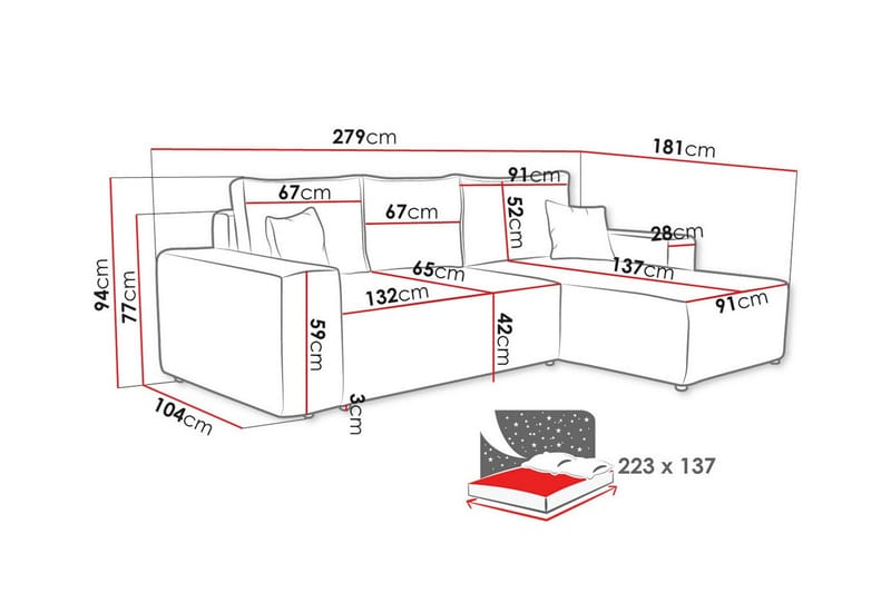 3-seters Hjørnesovesofa Knocklong - Rosa - Møbler - Sofaer - Sovesofaer - Hjørnesovesofa