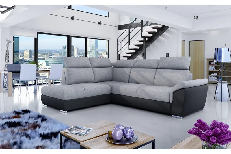 Coroniella Venstrevendt Hjørnesovesofa 125x190 cm med Oppbevaring i Stoff og Skinn, Grå|Svart
