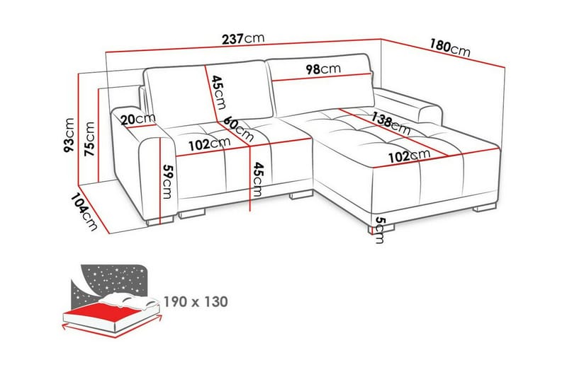 Denegal 2-sits Hörnbäddsoffa NO_BRAND Brown - Møbler - Sofaer - Sovesofaer - Hjørnesovesofa