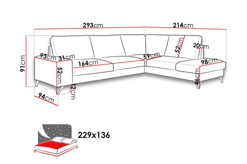 Hjørnesovesofa Flavio 293x214x91 cm - Møbler - Sofaer - Sovesofaer - Hjørnesovesofa