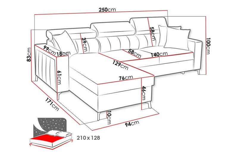 Galbally 3-sits Hörnbäddsoffa NO_BRAND Dark blue - Møbler - Sofaer - Sovesofaer - Hjørnesovesofa