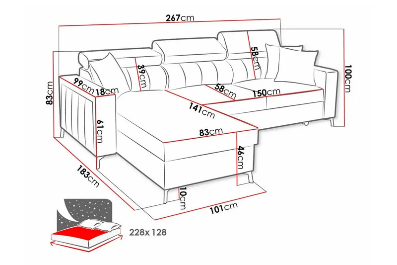 Galbally 3-sits Hörnbäddsoffa NO_BRAND Light grey/Dark grey - Møbler - Sofaer - Sovesofaer - Hjørnesovesofa