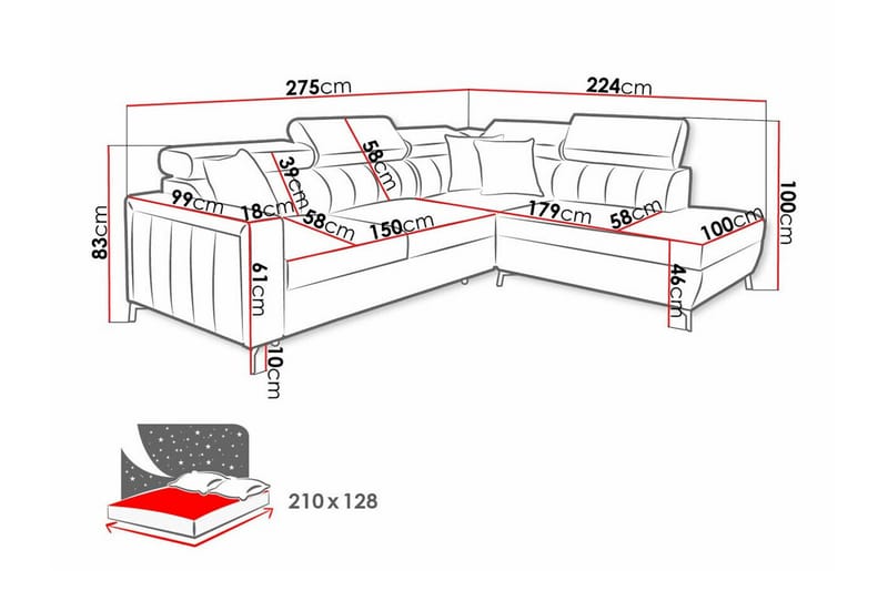 Galbally 3-sits Hörnbäddsoffa NO_BRAND Light pink - Møbler - Sofaer - Sovesofaer - Hjørnesovesofa