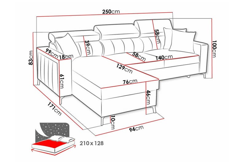 Galbally 3-sits Hörnbäddsoffa NO_BRAND Ljusgrå - Møbler - Sofaer - Sovesofaer - Hjørnesovesofa