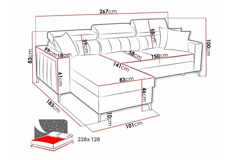 Galbally 3-sits Hörnbäddsoffa NO_BRAND Pink - Møbler - Sofaer - Sovesofaer - Hjørnesovesofa