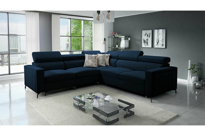 Galbally 4-seter L-formet Hjørnesovesofa med Oppbevaring i Fløyel - Blå - Møbler - Sofaer - Sovesofaer - Hjørnesovesofa