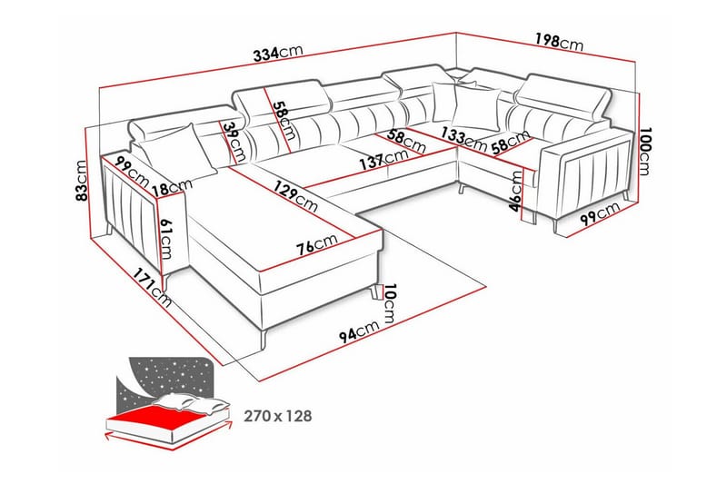Galbally 4-sits Hörnbäddsoffa NO_BRAND Pink - Møbler - Sofaer - Sovesofaer - Hjørnesovesofa