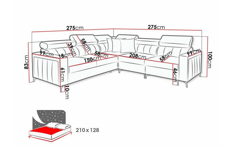 Galbally 4-sits Hörnbäddsoffa NO_BRAND Pink - Møbler - Sofaer - Sovesofaer - Hjørnesovesofa