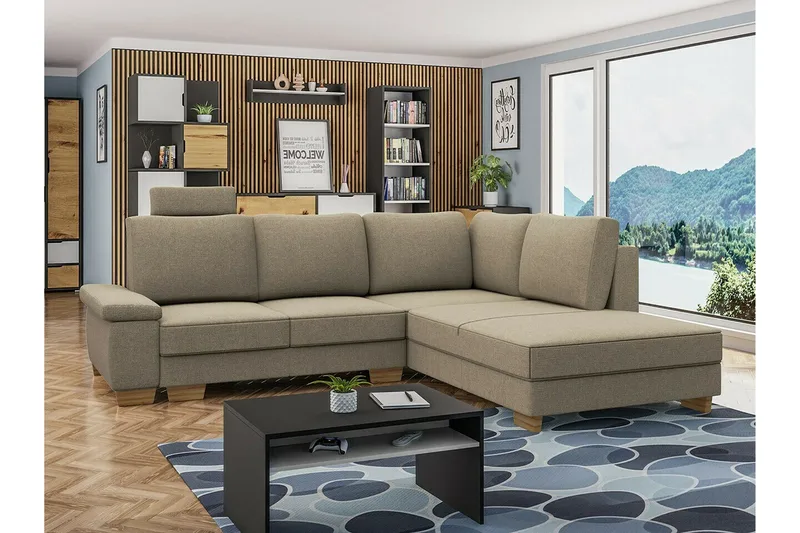 Graystone 3-seter Høyre Hjørnesovesofa 130x203 cm med Oppbevaring i Stoff - Beige - Møbler - Sofaer - Sovesofaer - Langsgående sovesofa