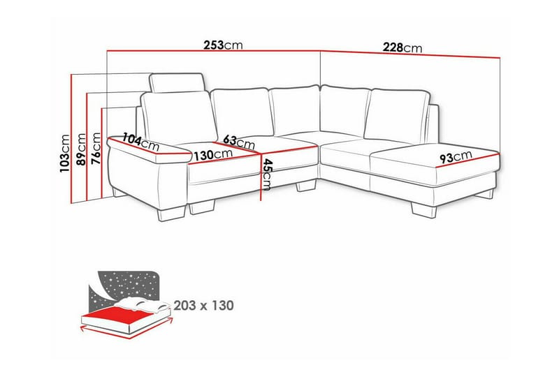 Graystone 3-seter Høyre L-formet Hjørnesovesofa 130x203 cm med Oppbevaring i Stoff - Grå - Møbler - Sofaer - Sovesofaer - Langsgående sovesofa