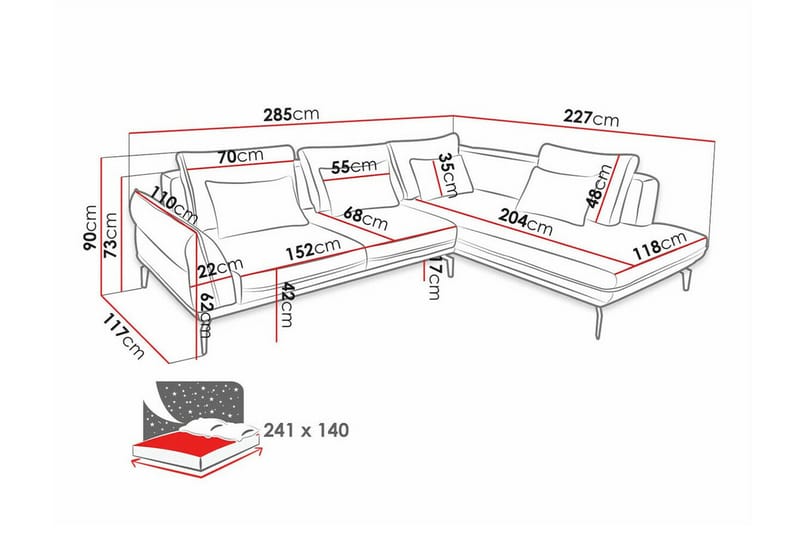 Graystone 4-sits Hörnbäddsoffa NO_BRAND Ljusgrå - Møbler - Sofaer - Sofaer med sjeselong - 4 seters sofa med divan