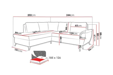 Hereford 3-seter Venstre Hjørnesovesofa 126x185 cm med Oppbevaring i Stoff - Grå - Møbler - Sofaer - Sovesofaer - Langsgående sovesofa