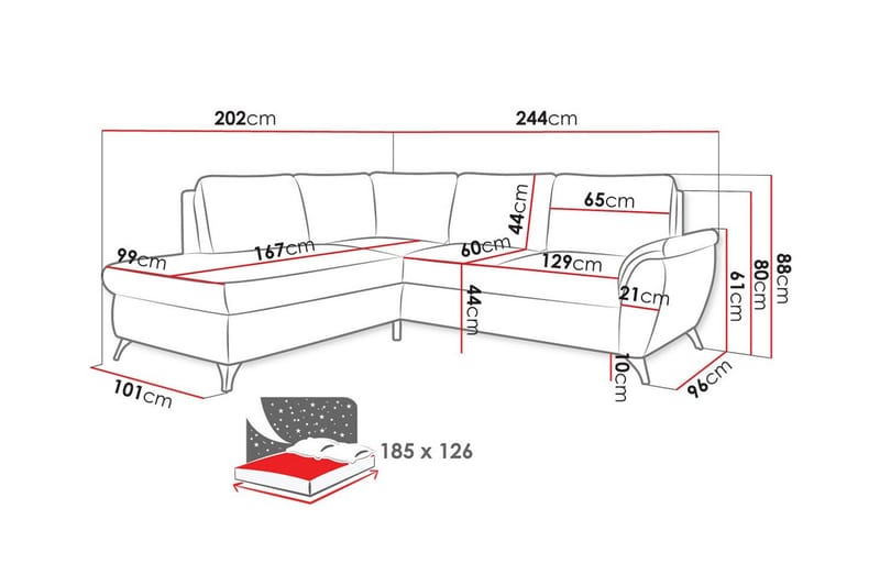 Hereford 3-seter Venstre Hjørnesovesofa 126x185 cm med Oppbevaring i Stoff - Grå - Møbler - Sofaer - Sovesofaer - Langsgående sovesofa