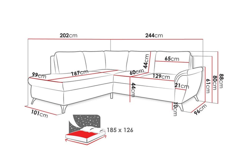 Hereford 3-seter Venstre Hjørnesovesofa 126x185 cm med Oppbevaring i Stoff - Kremhvit - Møbler - Sofaer - Sovesofaer - Langsgående sovesofa