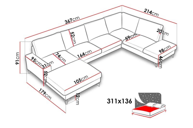 Hjørnesovesofa Flavio 367x214x91 cm - Møbler - Sofaer - Sovesofaer - Hjørnesovesofa