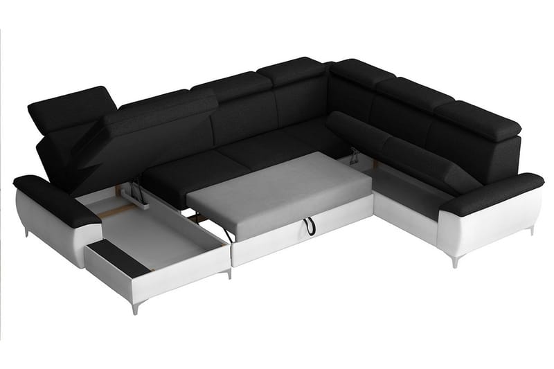 Karkula Høyre Hjørnesovesofa Utrekkbar 128x275 cm med Oppbevaring i Stoff - Hvit|Svart - Møbler - Sofaer - Sovesofaer - Hjørnesovesofa