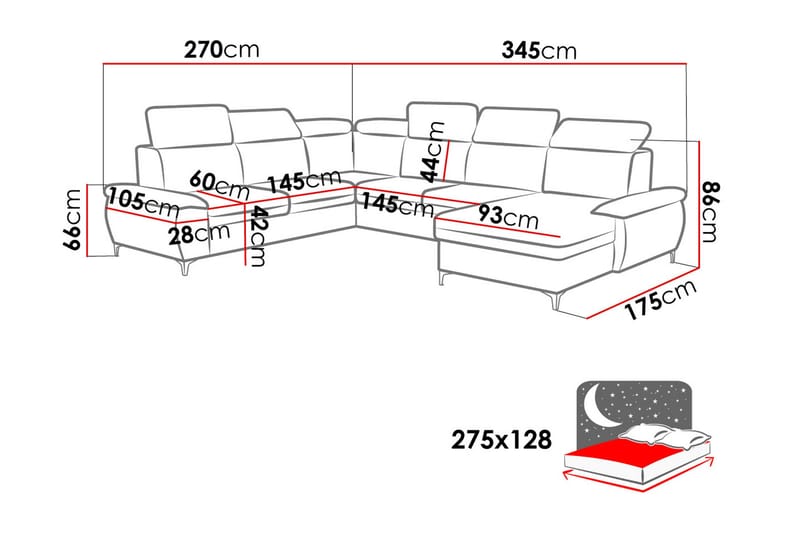 Karkula Høyre Hjørnesovesofa Utrekkbar 128x275 cm med Oppbevaring i Stoff - Hvit|Svart - Møbler - Sofaer - Sovesofaer - Hjørnesovesofa