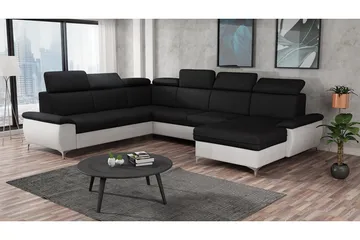 Karkula Høyre Hjørnesovesofa Utrekkbar 128x275 cm med Oppbevaring i Stoff - Hvit|Svart - Møbler - Sofaer - Sovesofaer - Hjørnesovesofa