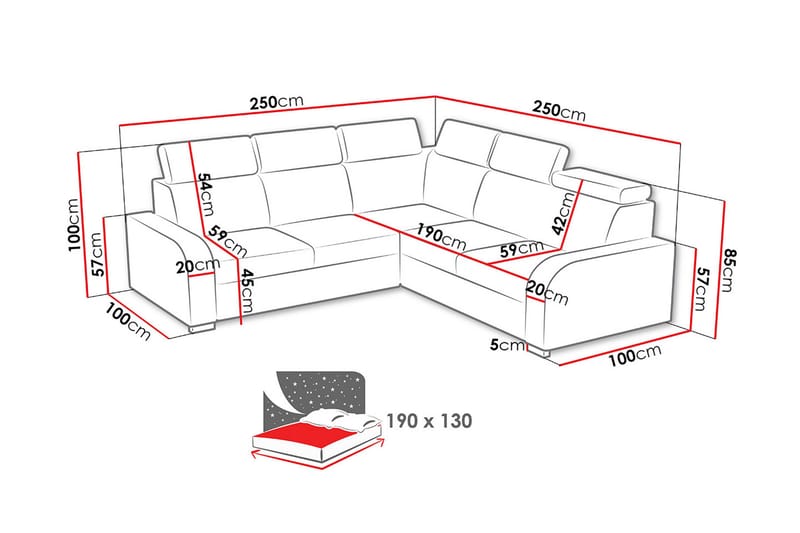 Lavona 4-seter L-formet Sovesofa 130x190 cm med Oppbevaring i Stoff - Grå - Møbler - Sofaer - Sovesofaer - Hjørnesovesofa