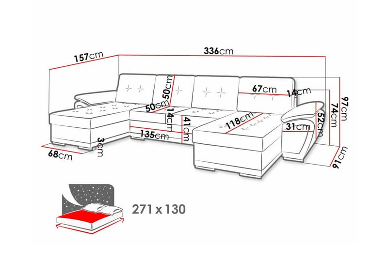 Listowel 4-seter U-formet Hjørnesovesofa 130x271 cm med Oppbevaring i Stoff - Antrasitt - Møbler - Sofaer - Sovesofaer - Sovesofa divan
