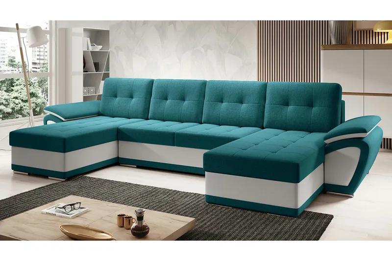 Listowel 4-seter U-formet Hjørnesovesofa 130x271 cm med Oppbevaring i Stoff, Petrolblå