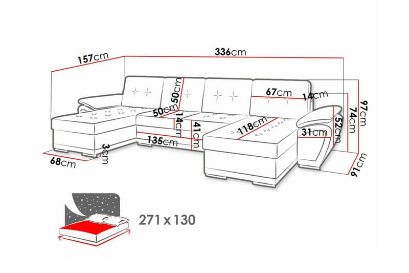 Listowel 4-seter U-formet Hjørnesovesofa i Stoff med Kunstlærunderrede - Grå - Møbler - Sofaer - Sovesofaer - Sovesofa divan