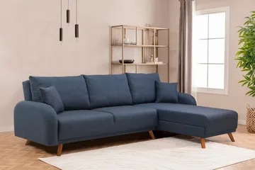 Malkiat 3-seter Høyre L-formet Hjørnesovesofa i Stoff med Tremben - Blå - Møbler - Sofaer - Sovesofaer - Sovesofa divan