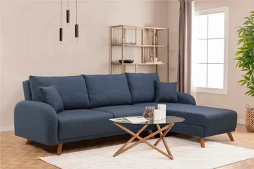 Malkiat 3-seter Høyre L-formet Hjørnesovesofa i Stoff med Tremben - Blå - Møbler - Sofaer - Sovesofaer - Sovesofa divan