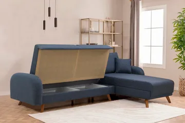 Malkiat 3-seter Høyre L-formet Hjørnesovesofa i Stoff med Tremben - Blå - Møbler - Sofaer - Sovesofaer - Sovesofa divan