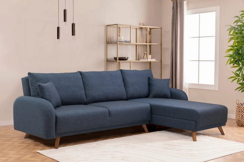 Malkiat 4-seter Høyre L-formet Hjørnesovesofa 125x260 cm med Oppbevaring i Stoff - Blå - Møbler - Sofaer - Sovesofaer - Sovesofa divan