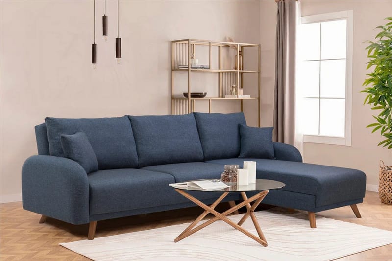 Malkiat 4-seter Høyre L-formet Hjørnesovesofa 125x260 cm med Oppbevaring i Stoff - Blå - Møbler - Sofaer - Sovesofaer - Sovesofa divan
