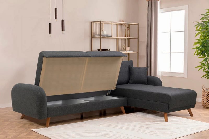 Malkiat 4-seter Høyre L-formet Hjørnesovesofa 125x260 cm med Oppbevaring i Stoff - Grå - Møbler - Sofaer - Sovesofaer - Sovesofa divan