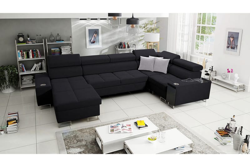 Morenia 4-seter Venstrevendt Sovesofa 127x284 cm med Oppbevaring i Stoff - Svart - Møbler - Sofaer - Sovesofaer - Hjørnesovesofa
