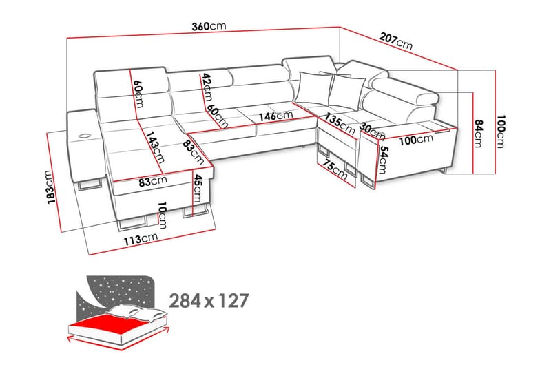 Morenia 4-seter Venstrevendt Sovesofa 127x284 cm med Oppbevaring i Stoff - Svart - Møbler - Sofaer - Sovesofaer - Hjørnesovesofa