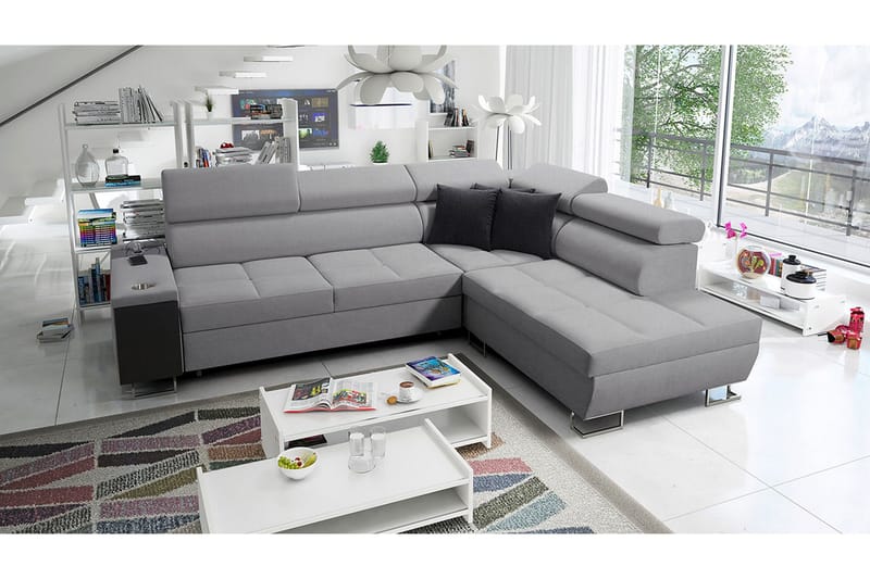 Morenia Høyrevendt Sovesofa 127x210 cm med Oppbevaring i Stoff - Grå - Møbler - Sofaer - Sovesofaer - Langsgående sovesofa