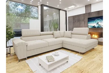 Reginia 3-seter Hjørnesovesofa 125x195 cm med Oppbevaring i Kordfløyel - Lys Beige - Møbler - Sofaer - Sovesofaer - Langsgående sovesofa