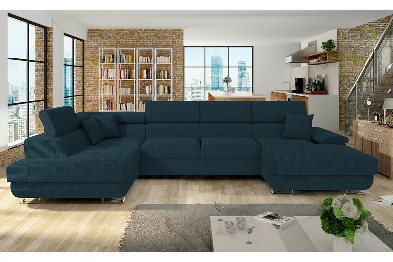 Reginia 4-seter Hjørnesovesofa 125x270 cm med Oppbevaring i Manchesterstoff - Blå - Møbler - Sofaer - Sovesofaer - Sovesofa divan