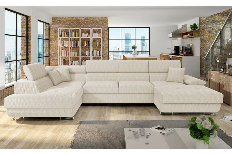 Reginia 4-seter Hjørnesovesofa 125x270 cm med Oppbevaring i Manchesterstoff - Kremhvit - Møbler - Sofaer - Sovesofaer - Sovesofa divan