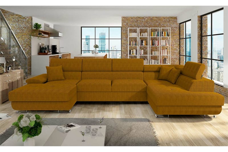 Reginia 4-seter U-formet Sovesofa 125x270 cm med Oppbevaring i Kordfløyel - Gul - Møbler - Sofaer - Sovesofaer - Sovesofa divan